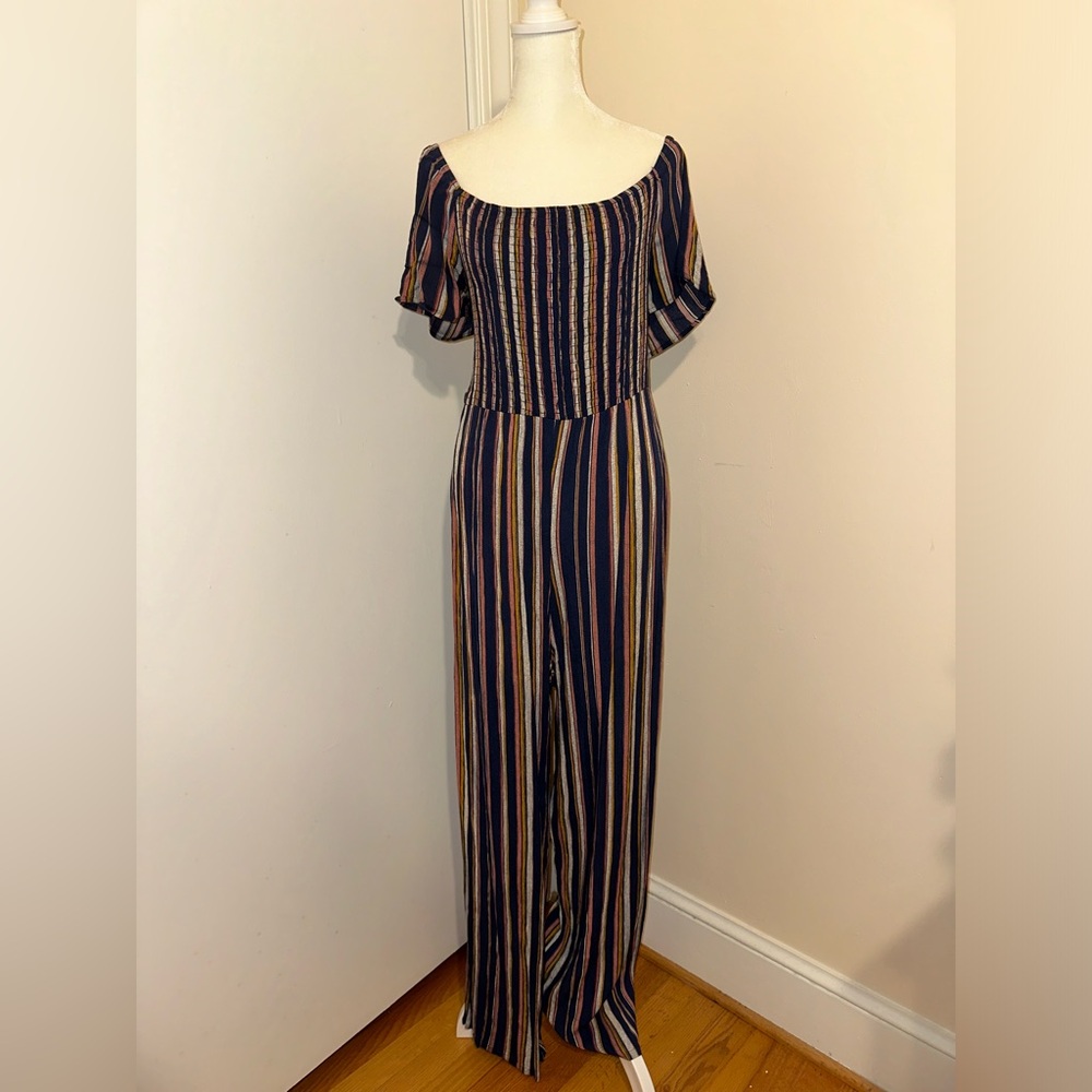 Women’s Xhilaration Jumpsuit, Dark Blue Striped, Size Large